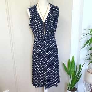 Chaps Black and White Sleeveless Polka Dot Fit & Flare Midi Dress With Tie EUC